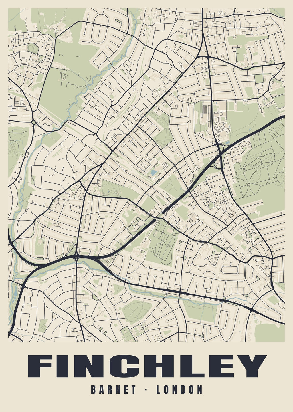 Heritage street map poster of Finchley, Barnet, London