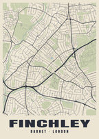 Heritage street map poster of Finchley, Barnet, London