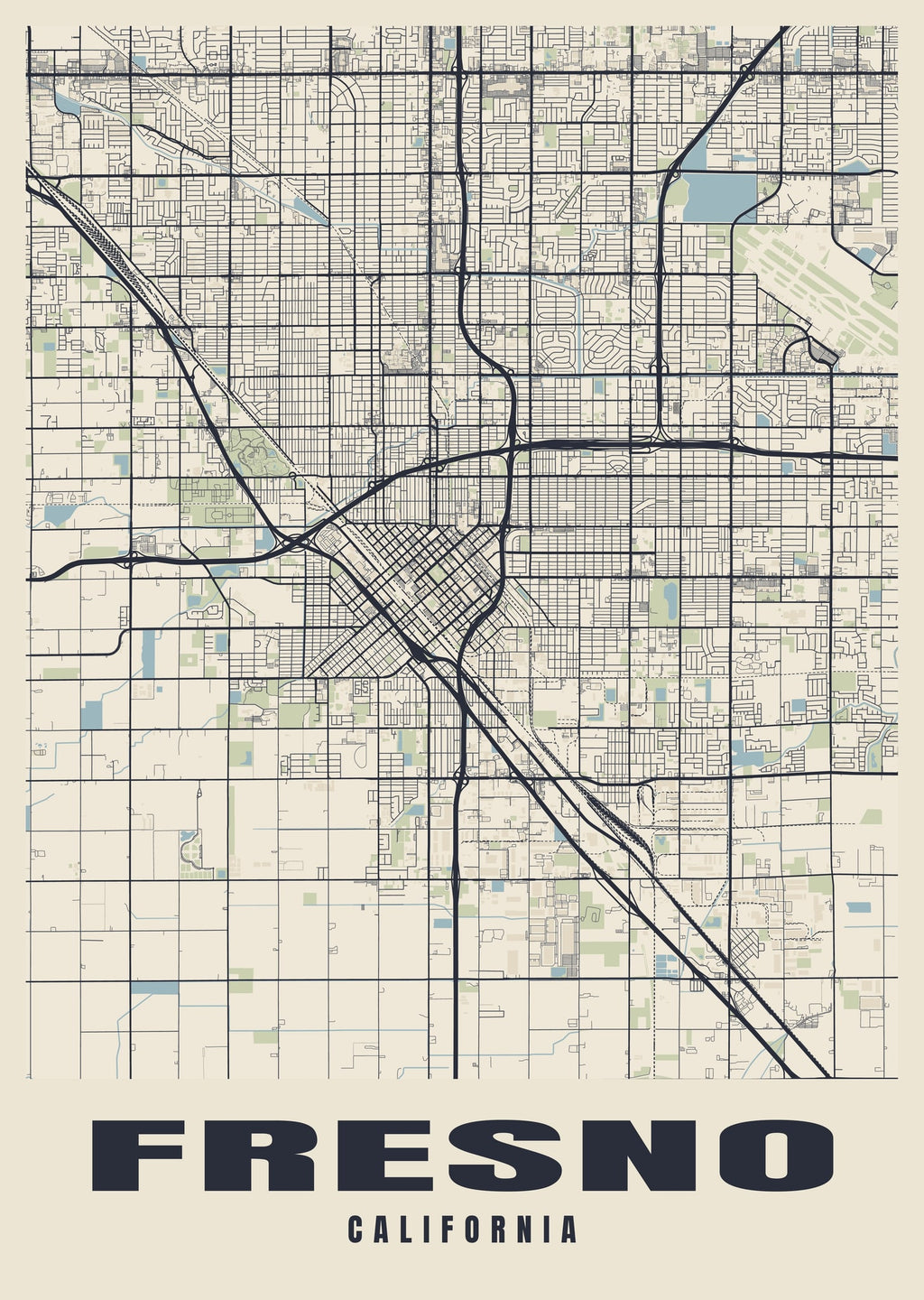Street map poster of Fresno, California