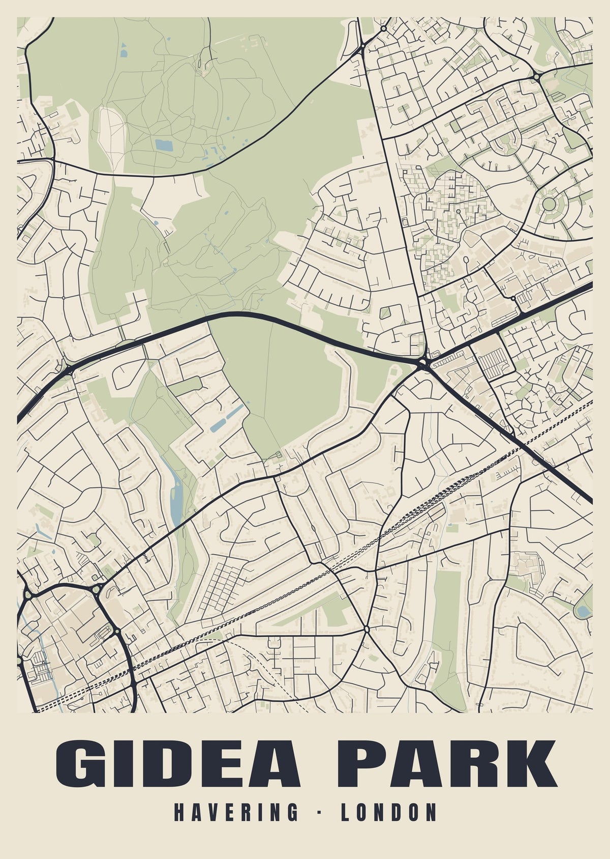 Heritage street map poster of Gidea Park, Havering, London