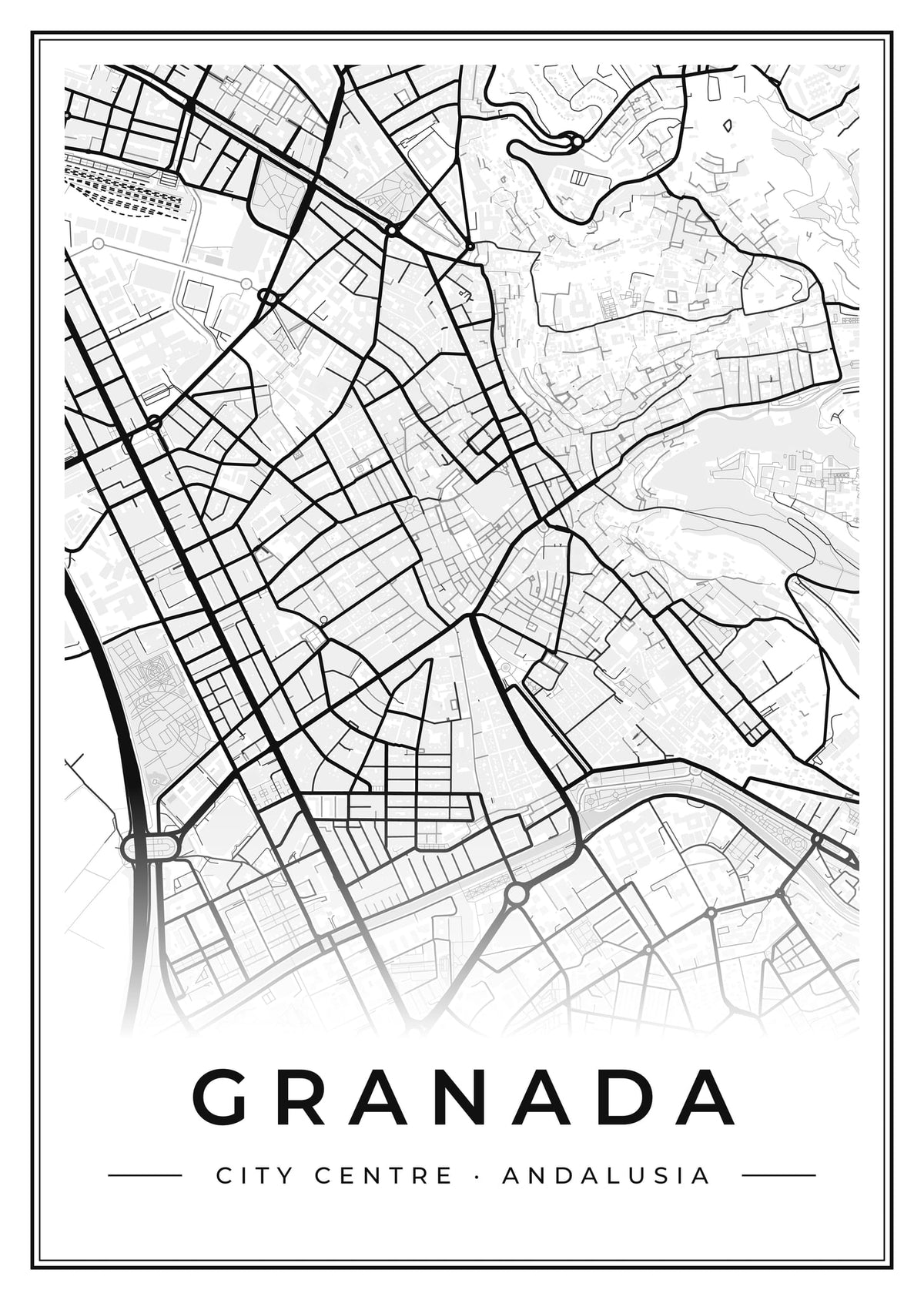 Street map poster of Granada city centre, Andalusia