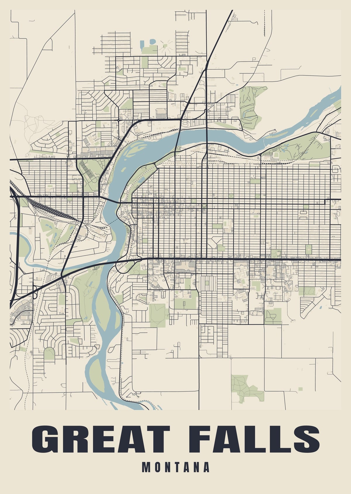 Street map poster of Great Falls, Montana
