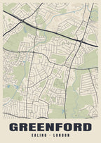 Heritage street map poster of Greenford, Ealing, London