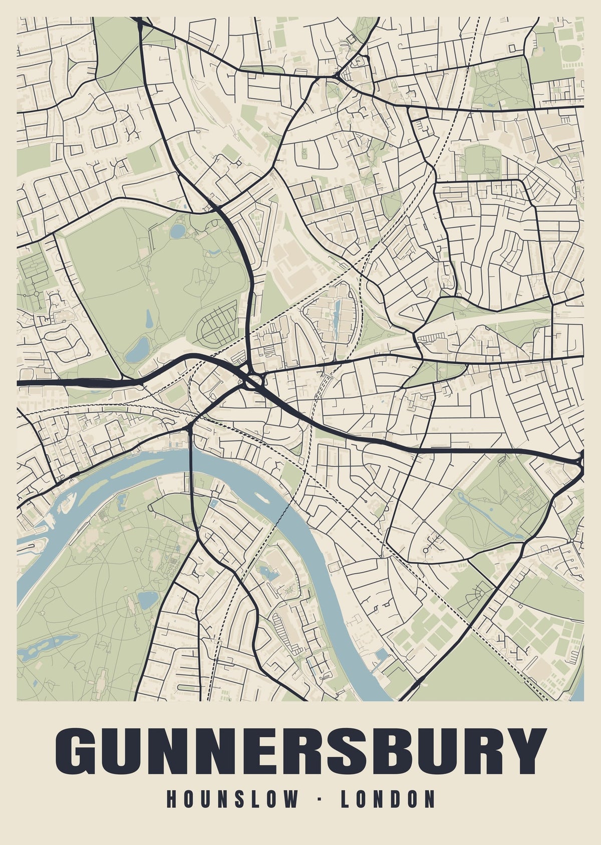 Heritage street map poster of Gunnersbury, Hounslow, London