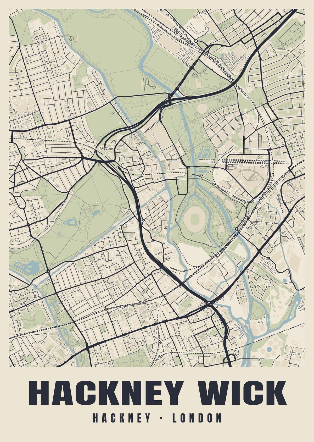 Heritage street map poster of Hackney Wick, Hackney, London