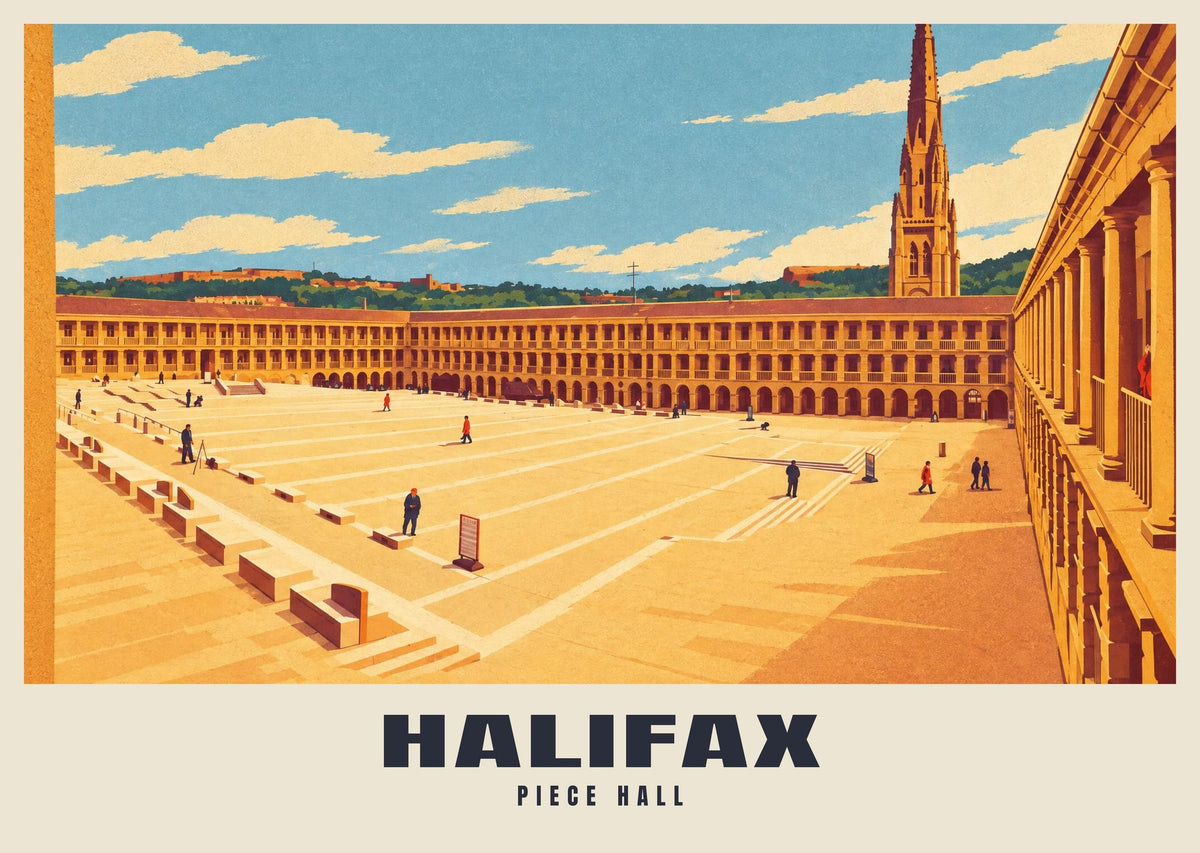 Piece Hall, Halifax poster, Retro Railway style
