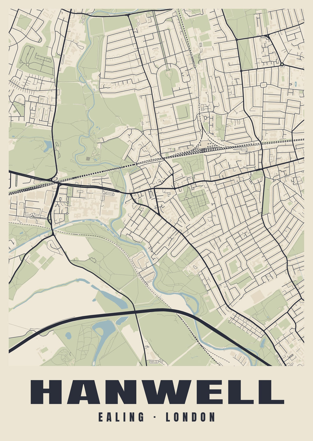 Heritage street map poster of Hanwell, Ealing, London