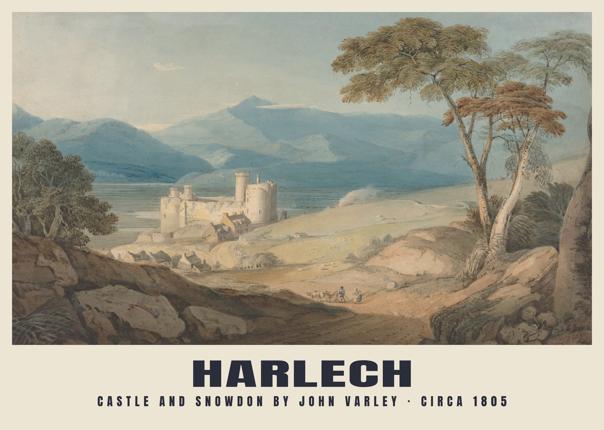 Castle and Snowdon by John Varley, Harlech — Historic painting reproduction, circa 1805