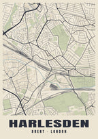 Heritage street map poster of Harlesden, Brent, London