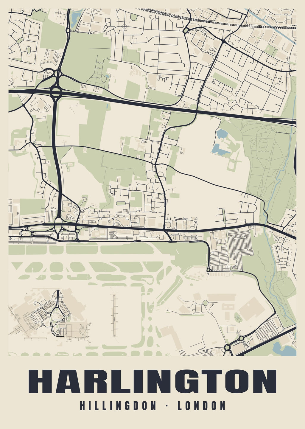 Heritage street map poster of Harlington, Hillingdon, London