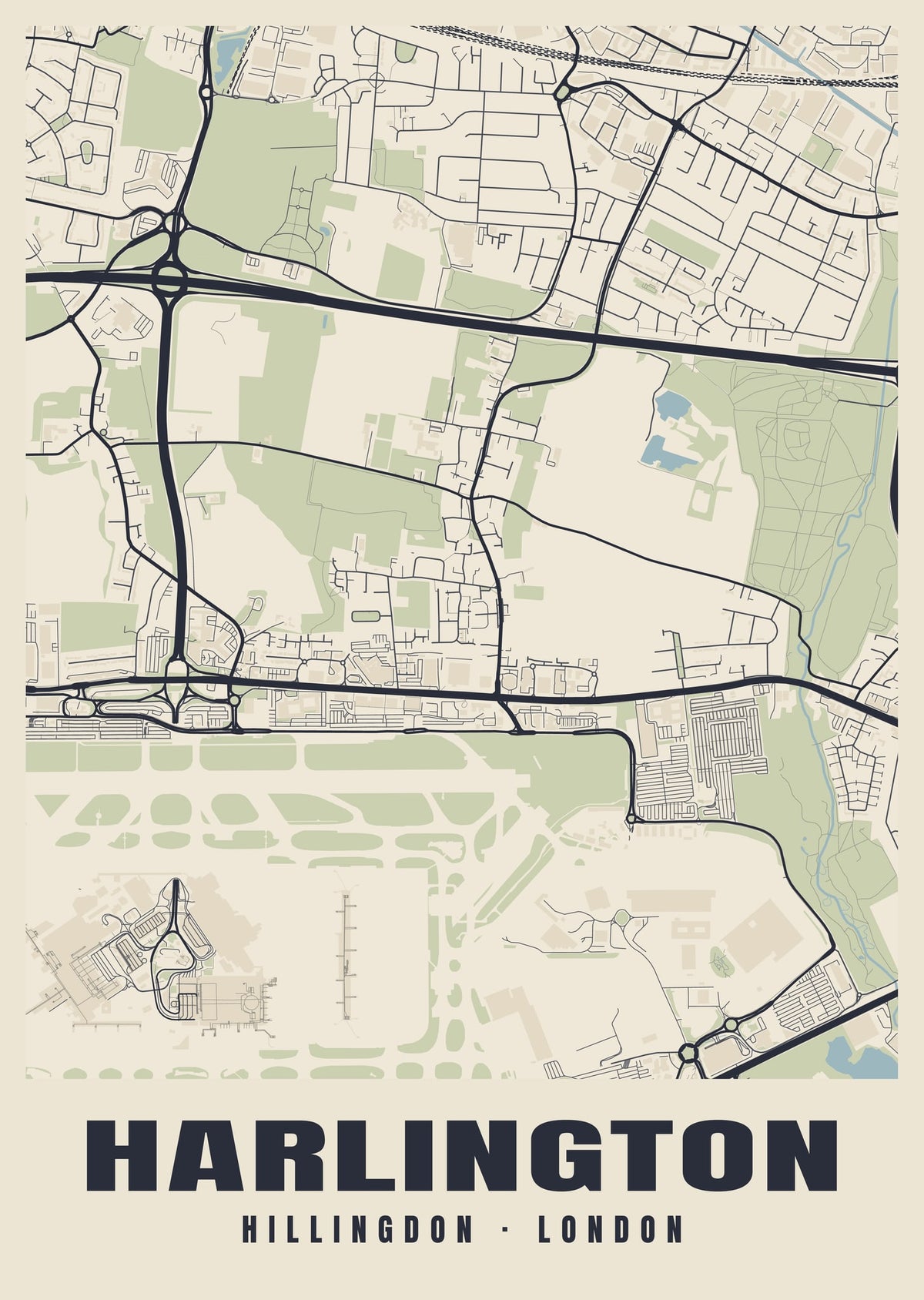 Heritage street map poster of Harlington, Hillingdon, London