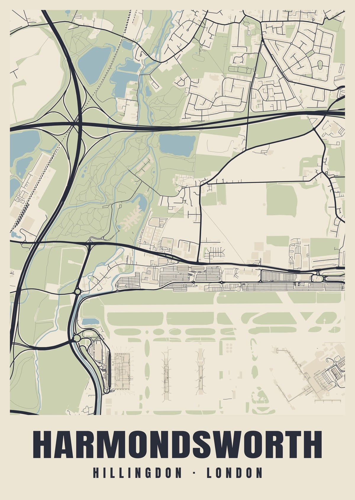 Heritage street map poster of Harmondsworth, Hillingdon, London
