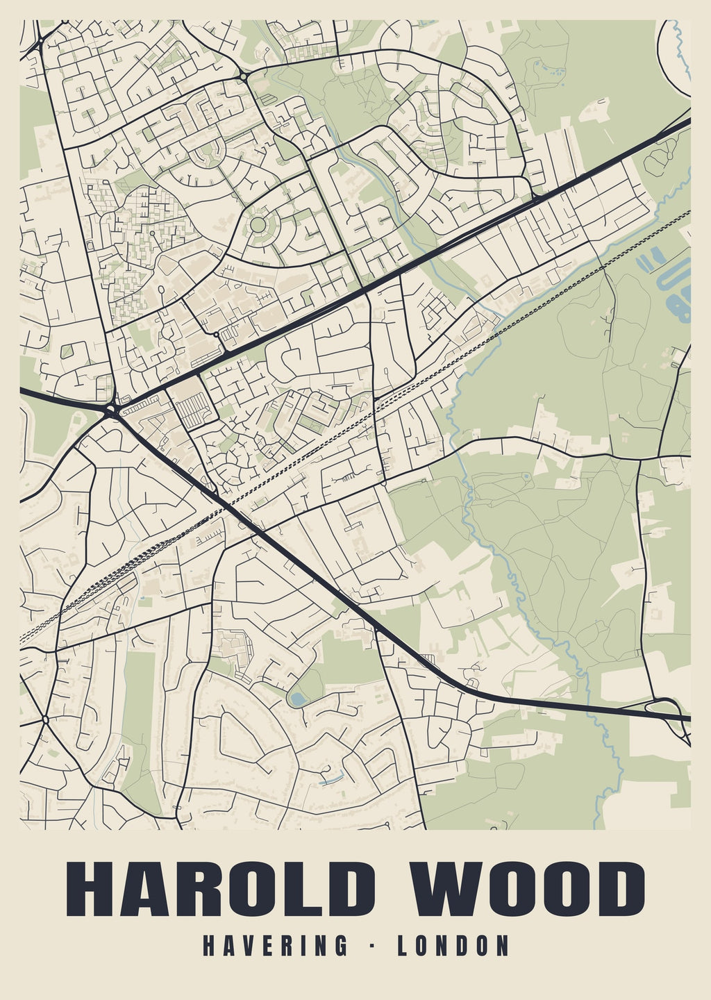 Heritage street map poster of Harold Wood, Havering, London