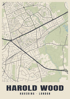 Heritage street map poster of Harold Wood, Havering, London