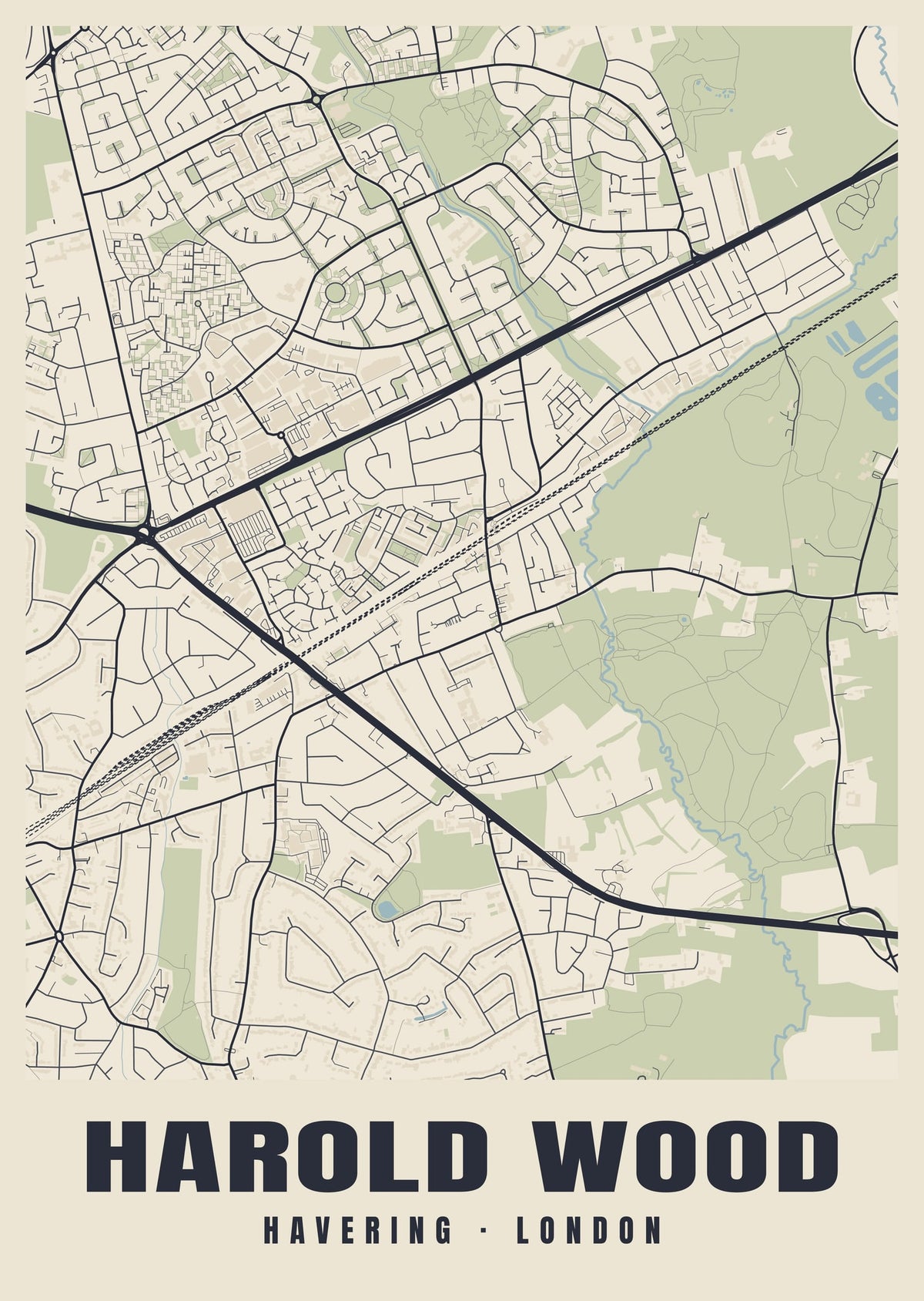 Heritage street map poster of Harold Wood, Havering, London