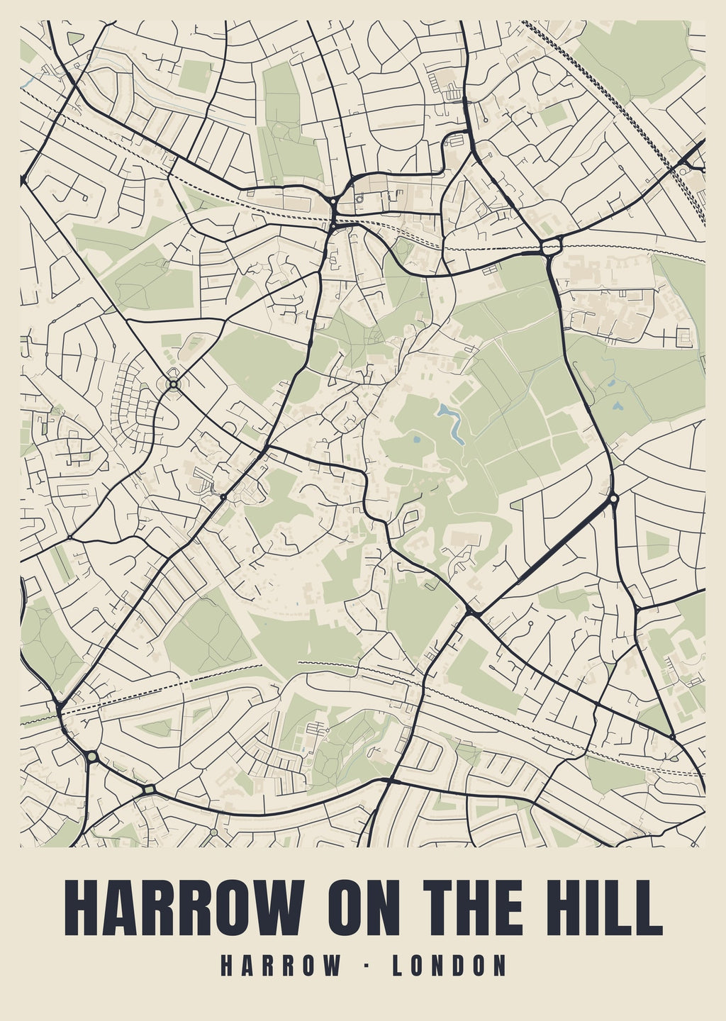 Heritage street map poster of Harrow on the Hill, Harrow, London