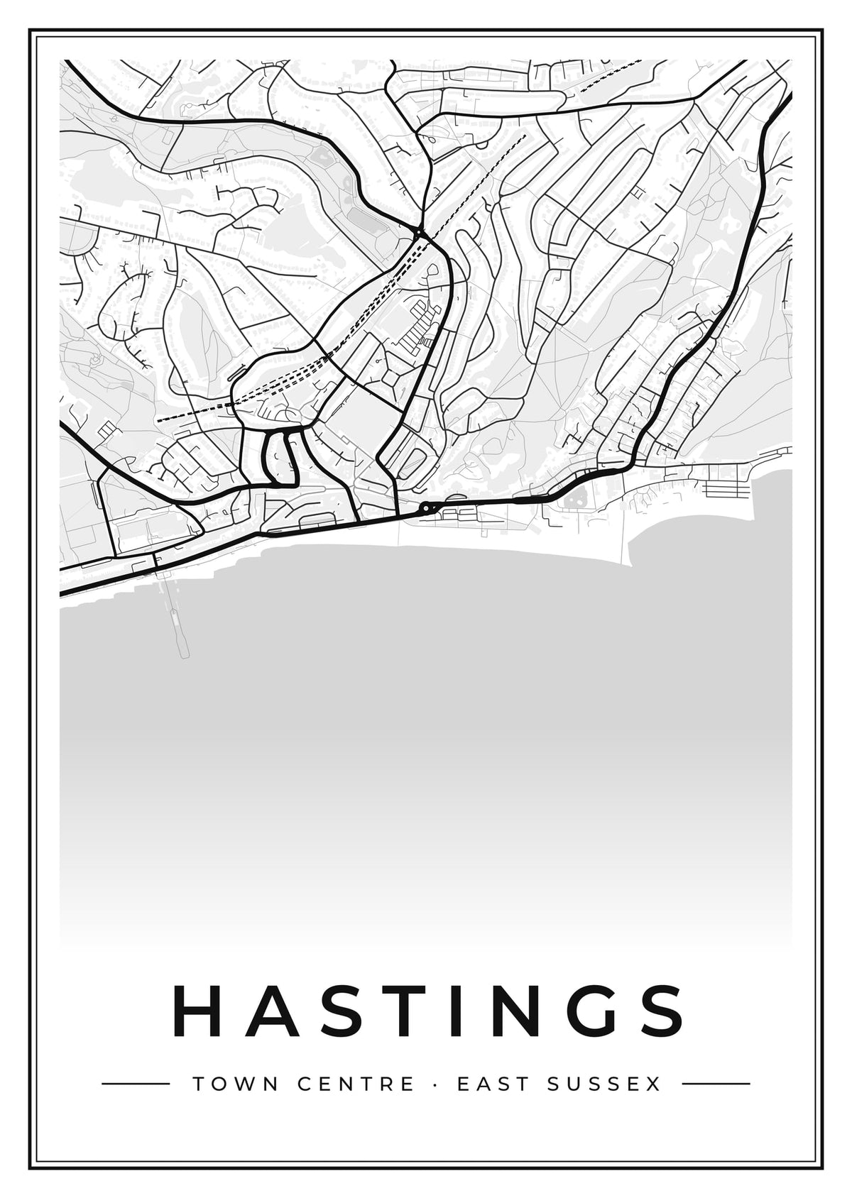 Street map poster of Hastings town centre, East Sussex