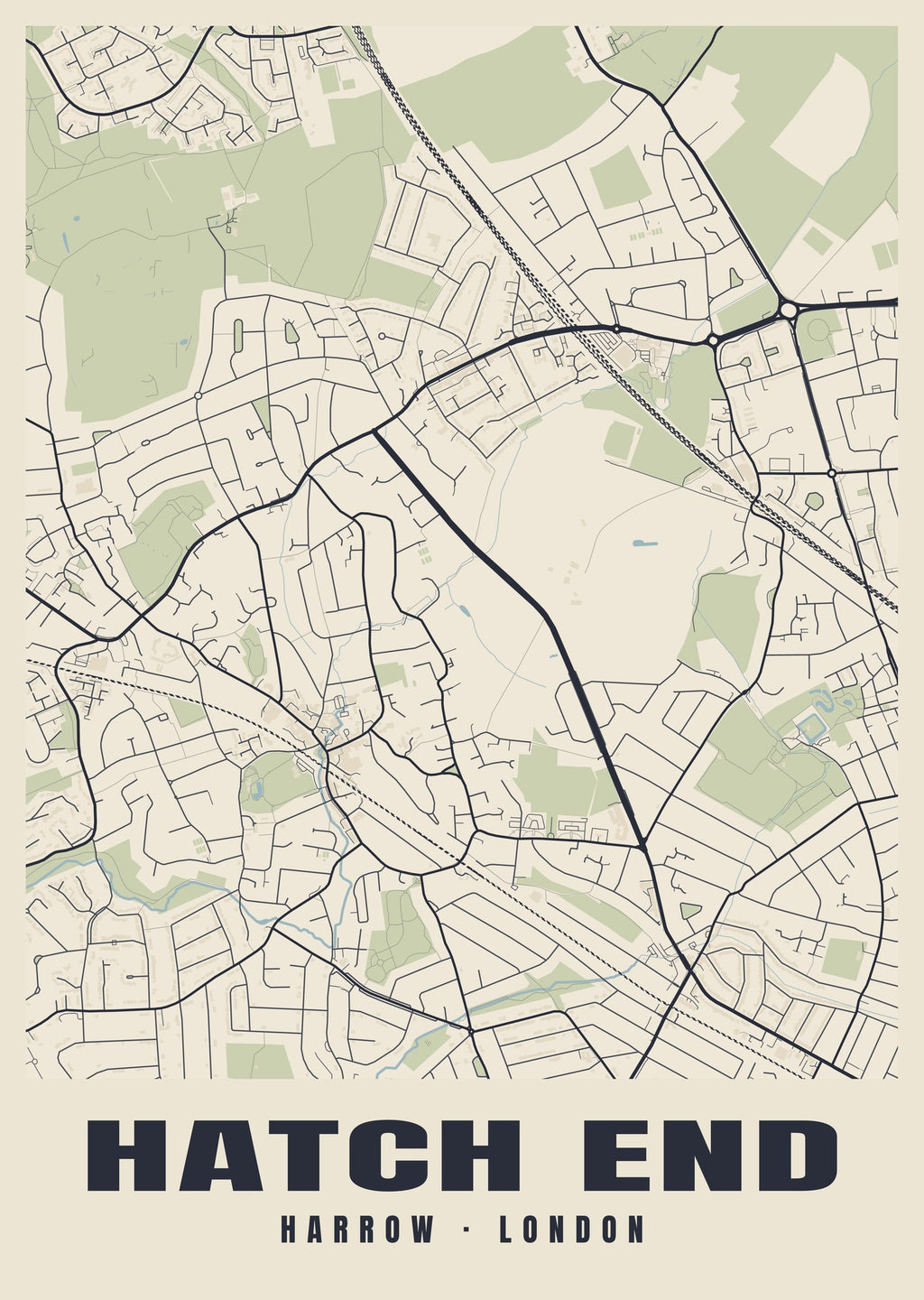 Heritage street map poster of Hatch End, Harrow, London