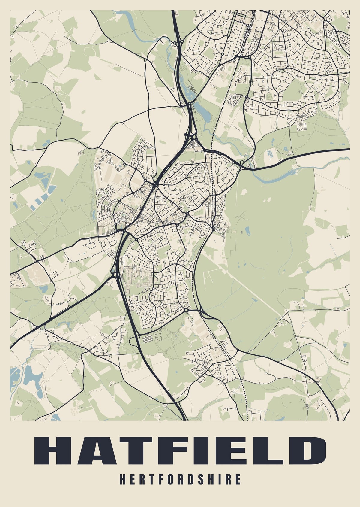 Street map poster of Hatfield, Hertfordshire
