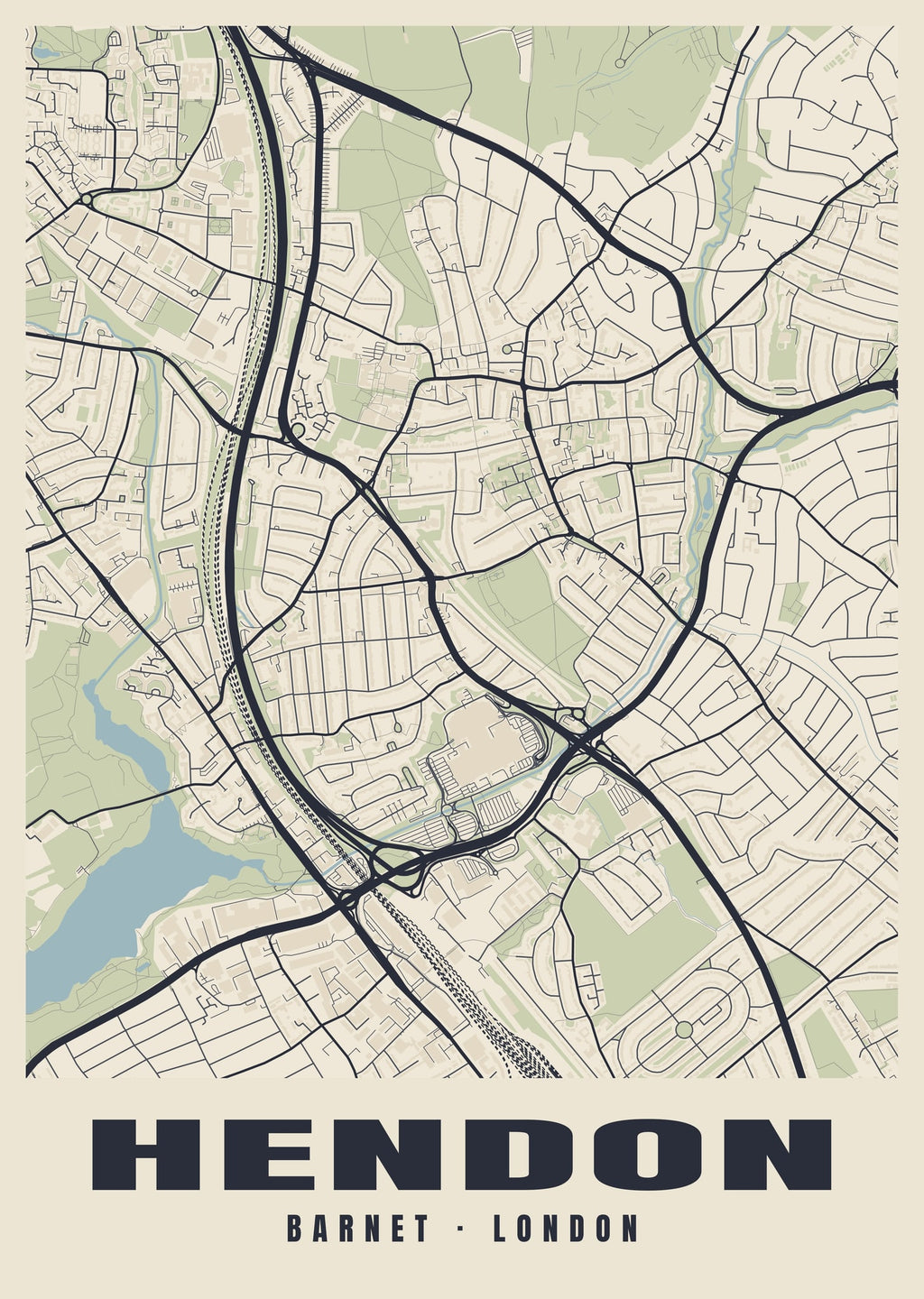 Heritage street map poster of Hendon, Barnet, London