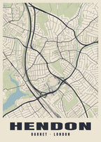 Heritage street map poster of Hendon, Barnet, London
