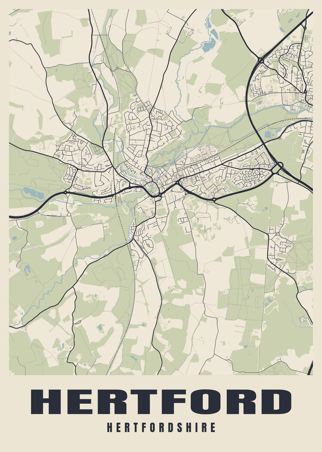 Street map poster of Hertford, Hertfordshire