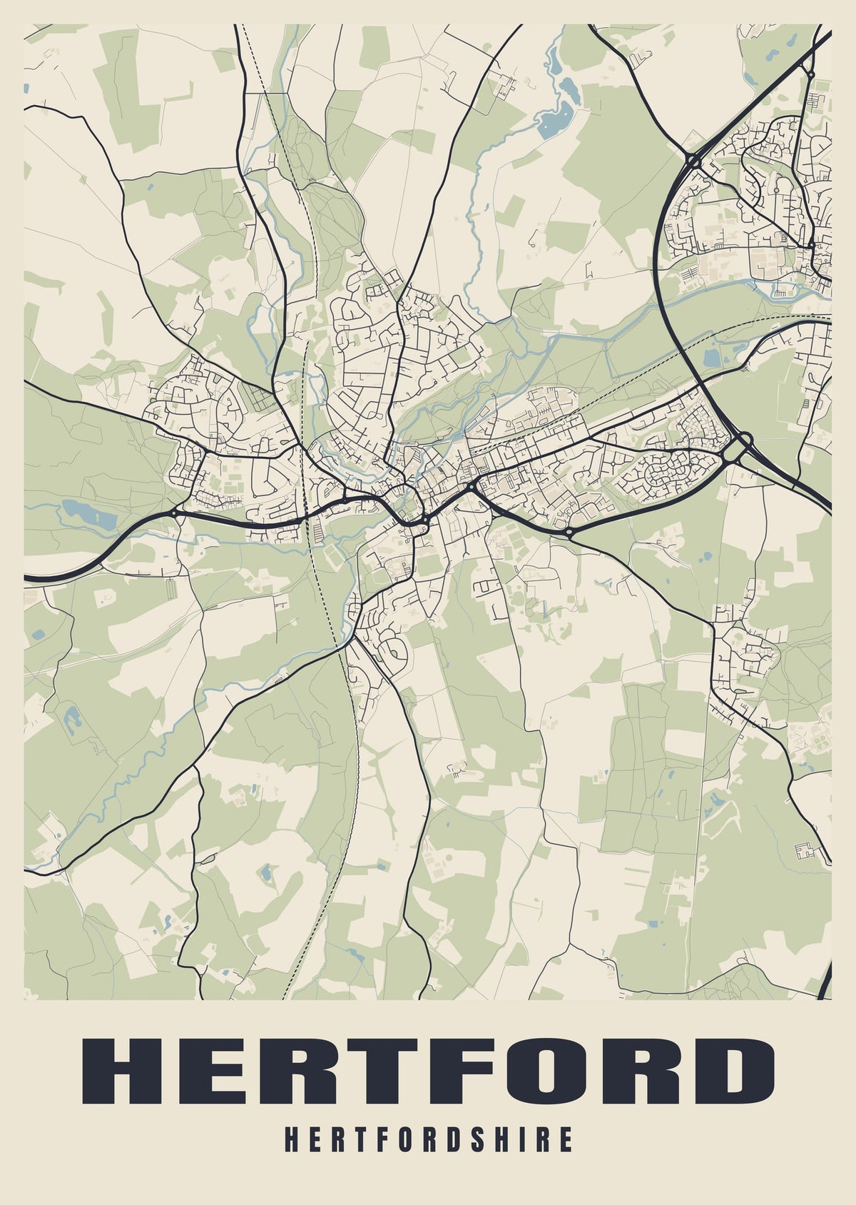 Street map poster of Hertford, Hertfordshire