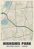 Heritage street map poster of Highams Park, Waltham Forest, London