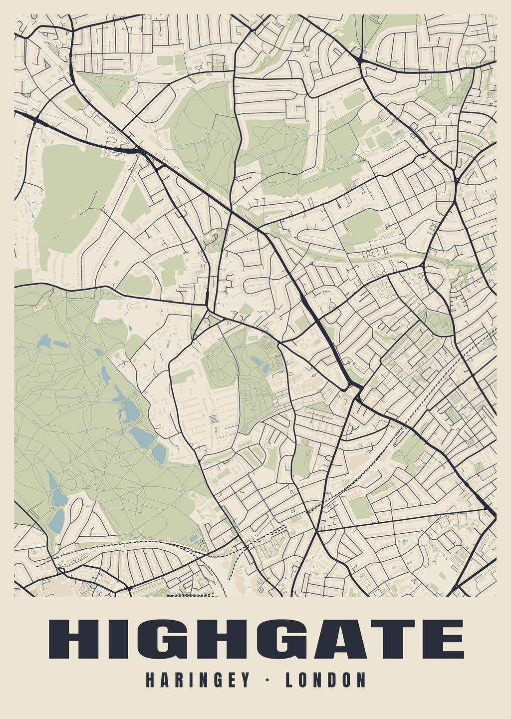 Heritage street map poster of Highgate, Haringey, London