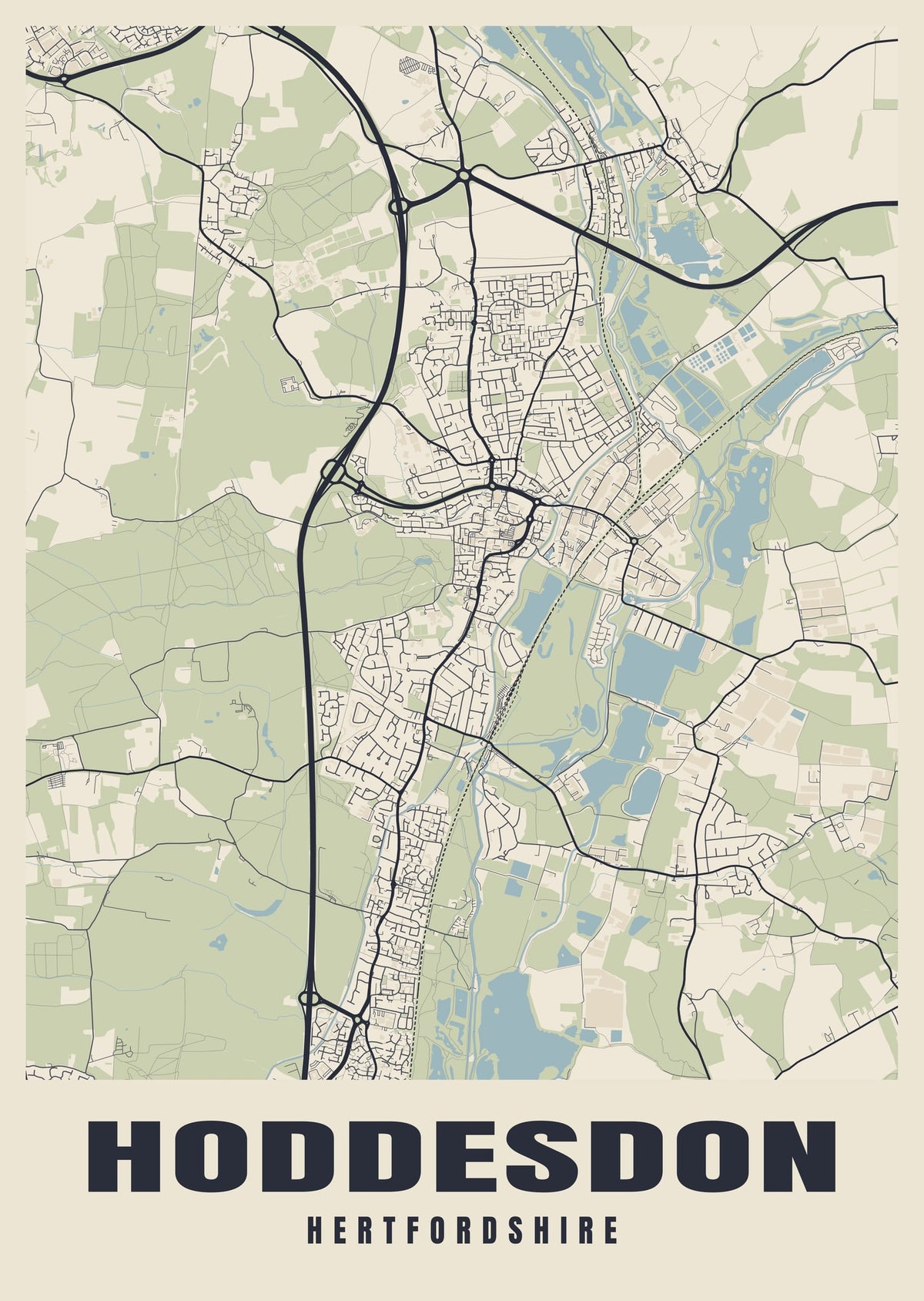 Street map poster of Hoddesdon, Hertfordshire
