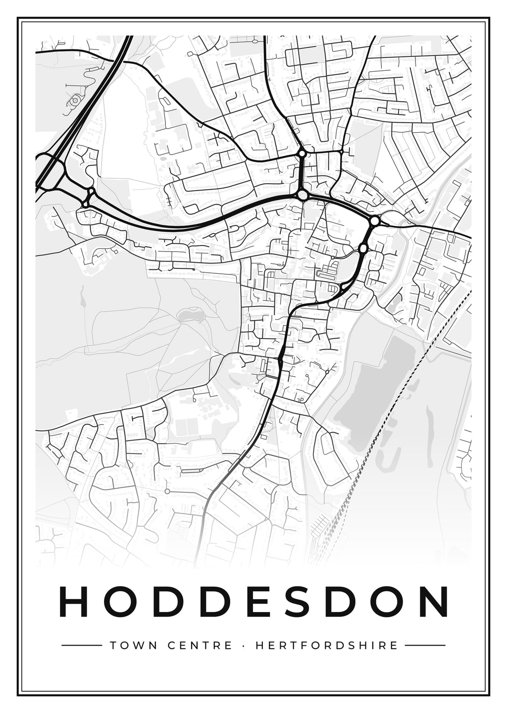 Street map poster of Hoddesdon town centre, Hertfordshire