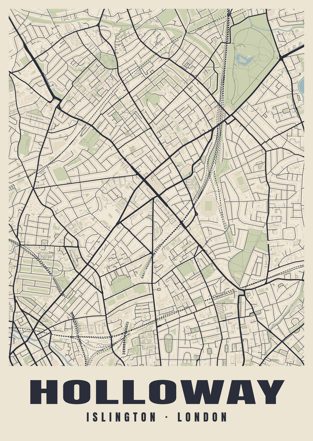 Heritage street map poster of Holloway, Islington, London