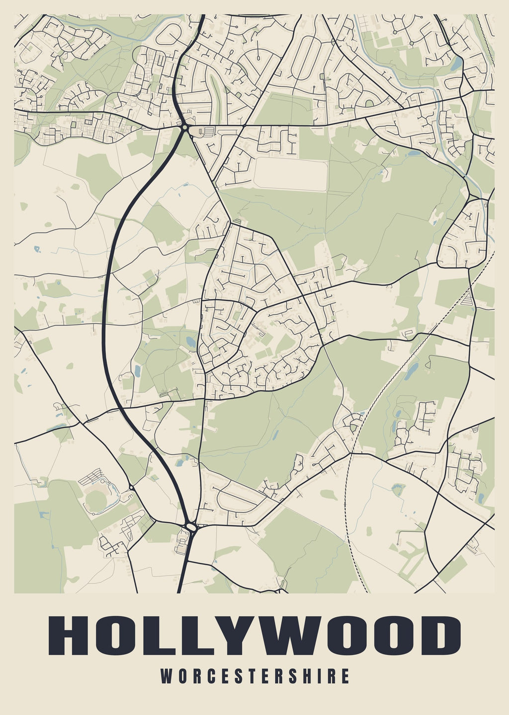 Street map poster of Hollywood, Worcestershire