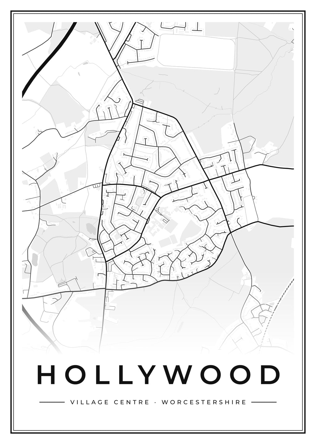 Street map poster of Hollywood village centre, Worcestershire