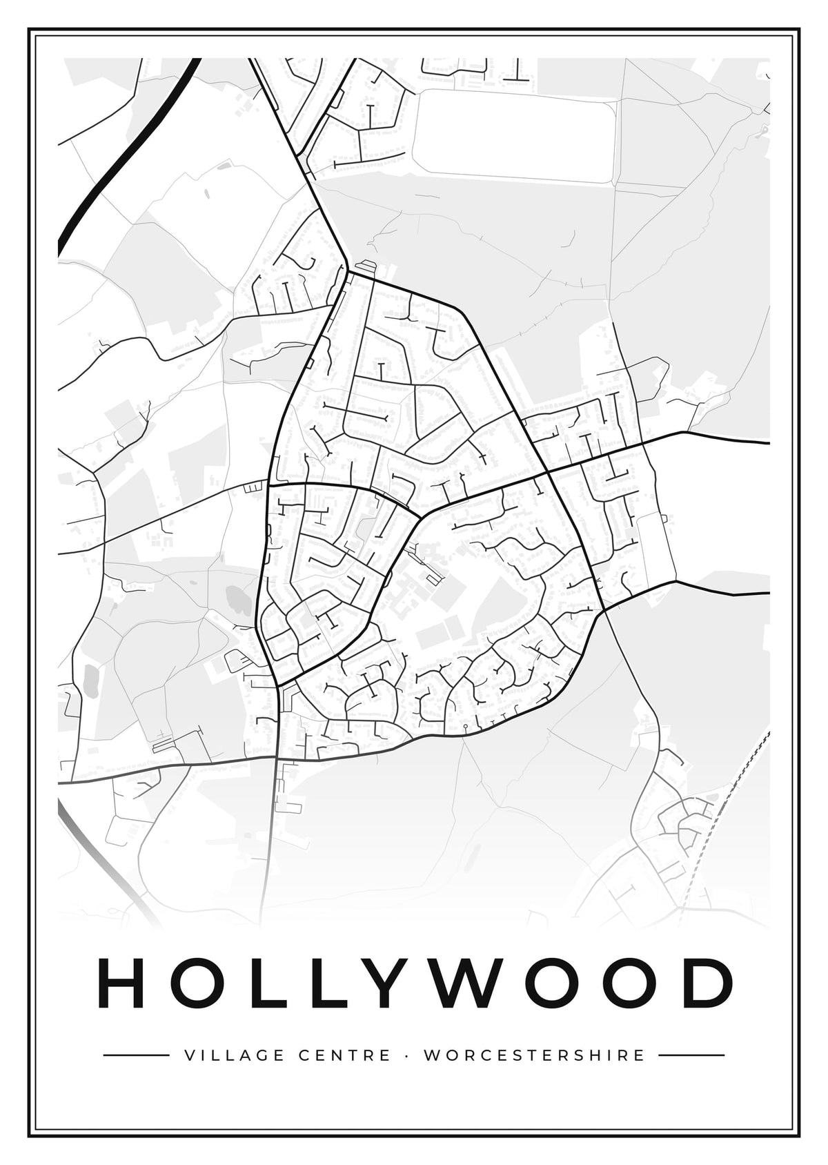 Street map poster of Hollywood village centre, Worcestershire
