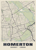 Heritage street map poster of Homerton, Hackney, London