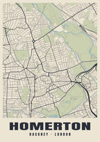 Heritage street map poster of Homerton, Hackney, London