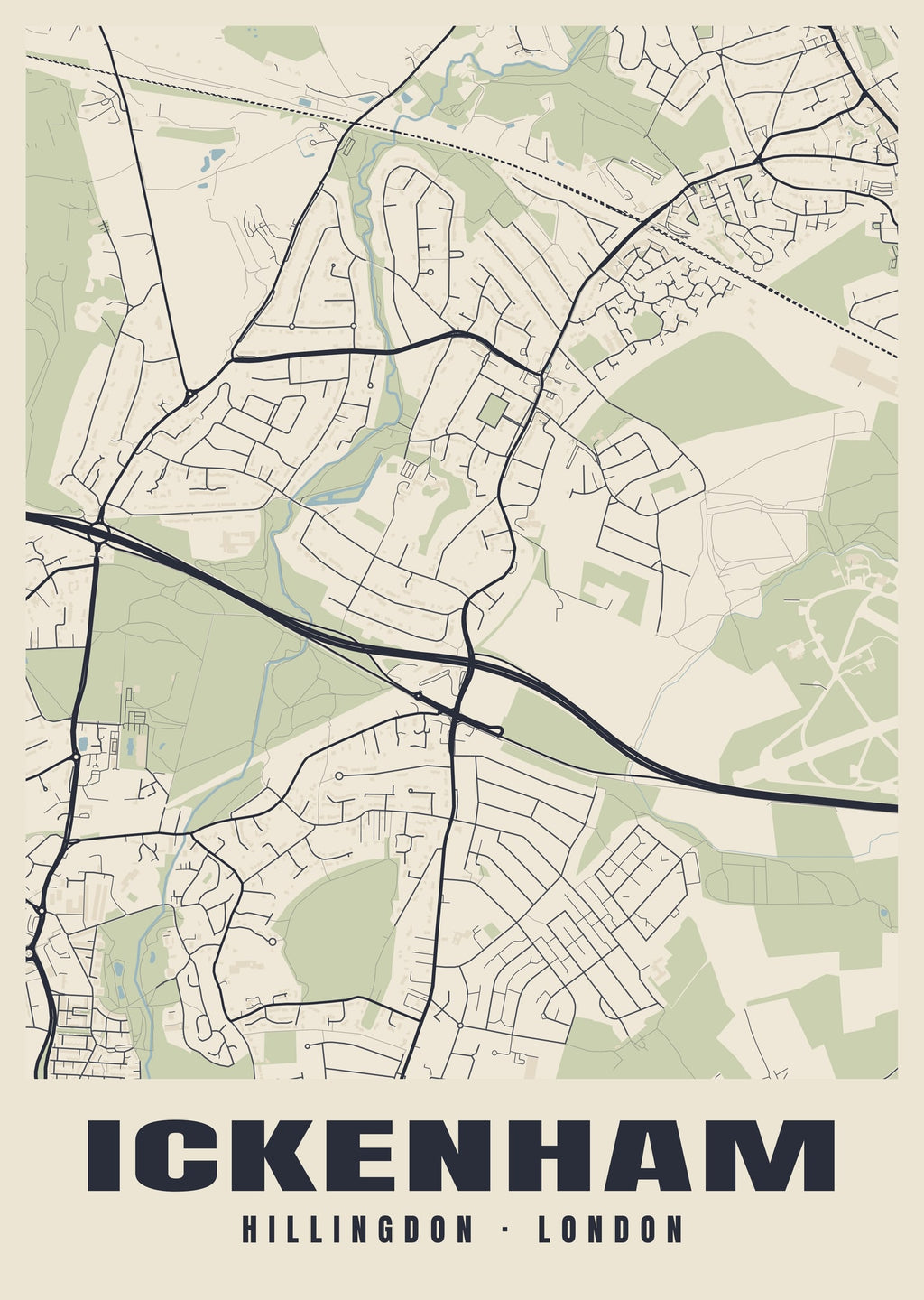 Heritage street map poster of Ickenham, Hillingdon, London