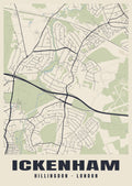 Heritage street map poster of Ickenham, Hillingdon, London