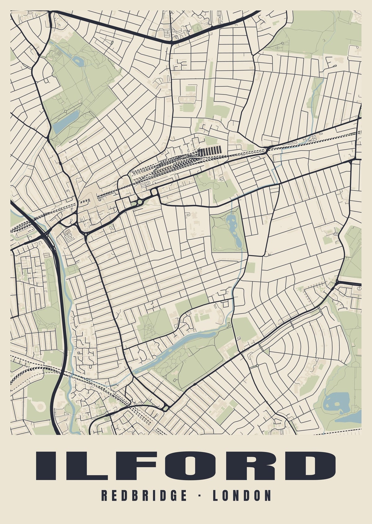Heritage street map poster of Ilford, Redbridge, London