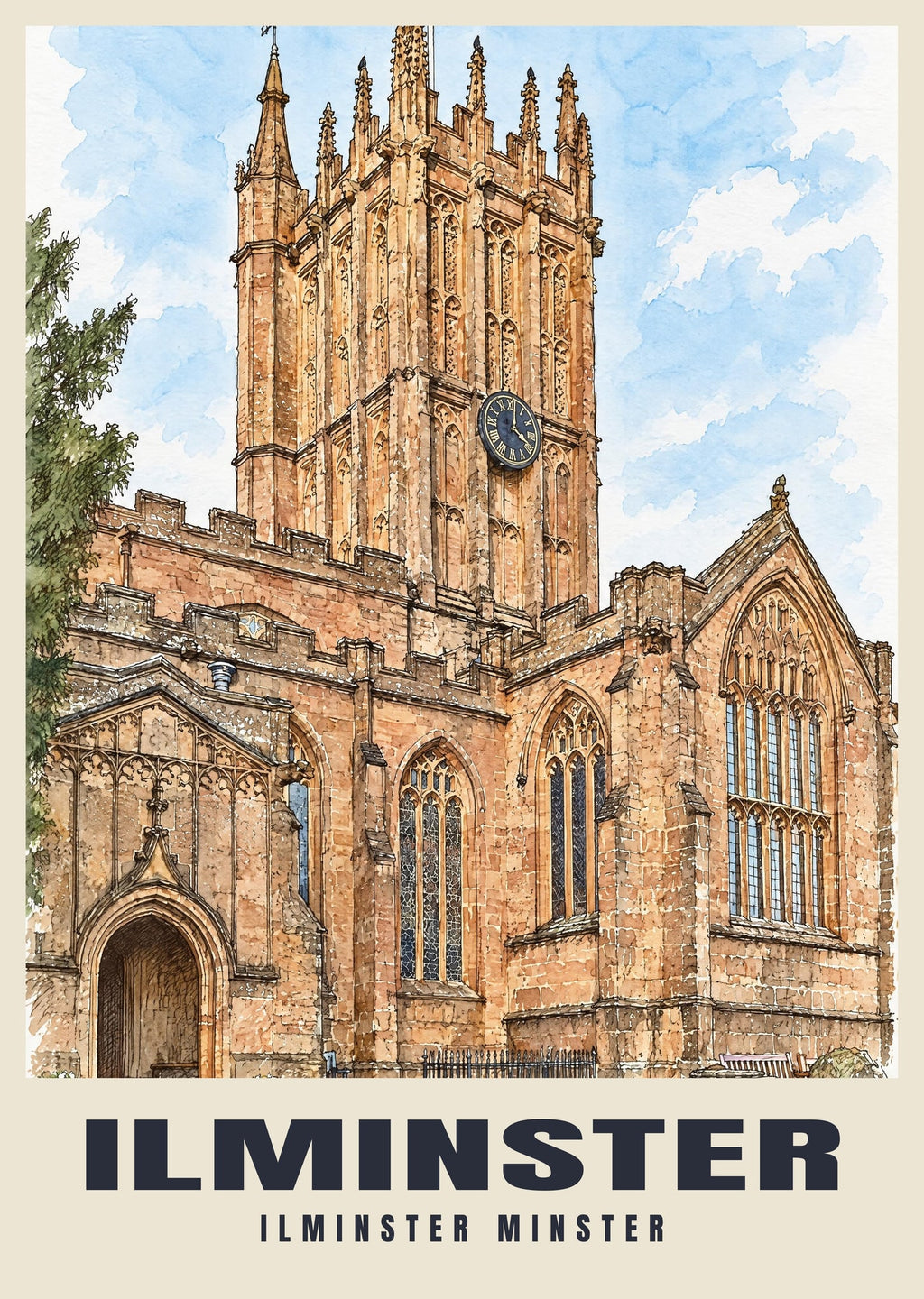 Ilminster Minster poster, Ink & Wash style