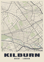 Heritage street map poster of Kilburn, Brent, London