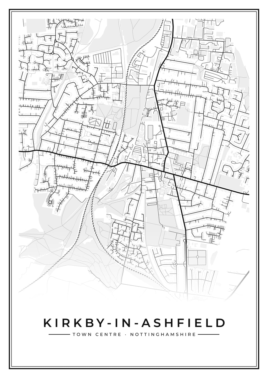 Street map poster of Kirkby-in-Ashfield town centre, Nottinghamshire