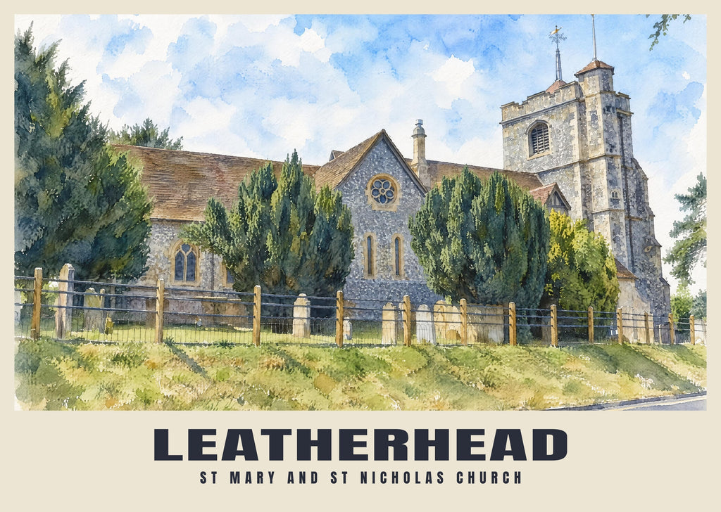 St Mary and St Nicholas Church, Leatherhead poster, English Watercolour style