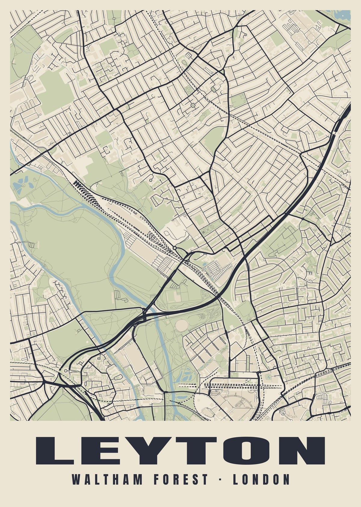 Heritage street map poster of Leyton, Waltham Forest, London