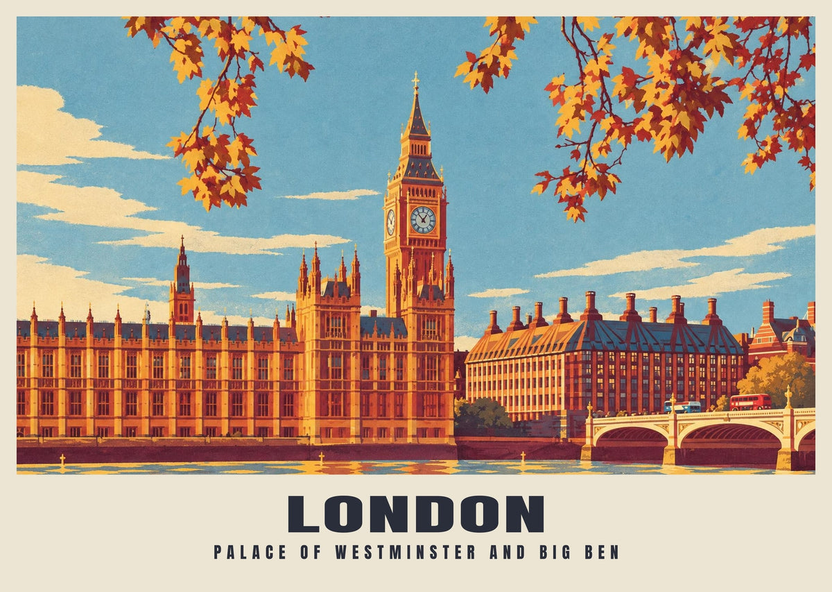Palace of Westminster and Big Ben, London poster, Retro Railway style