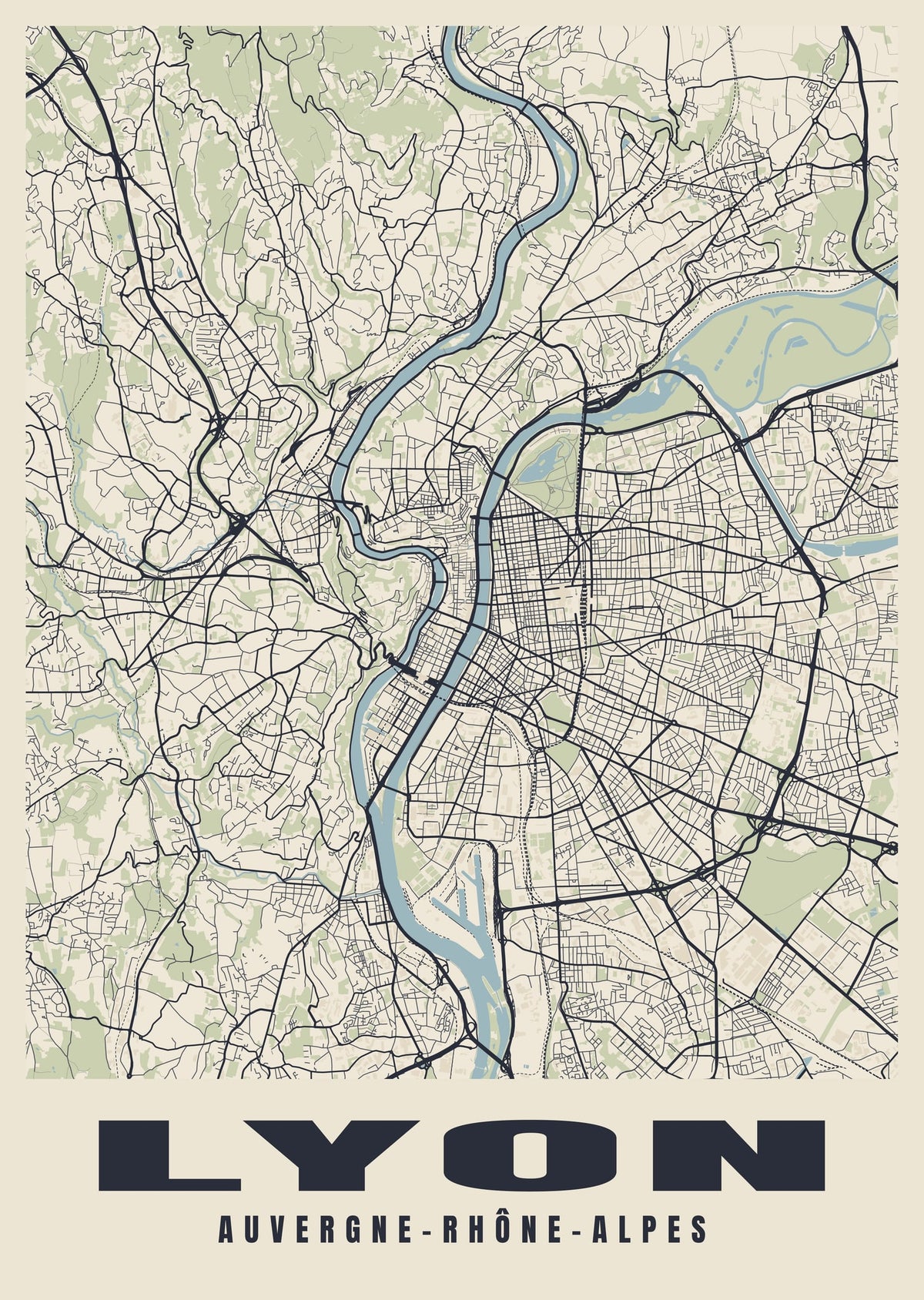 Street map poster of Lyon, Auvergne-Rhône-Alpes