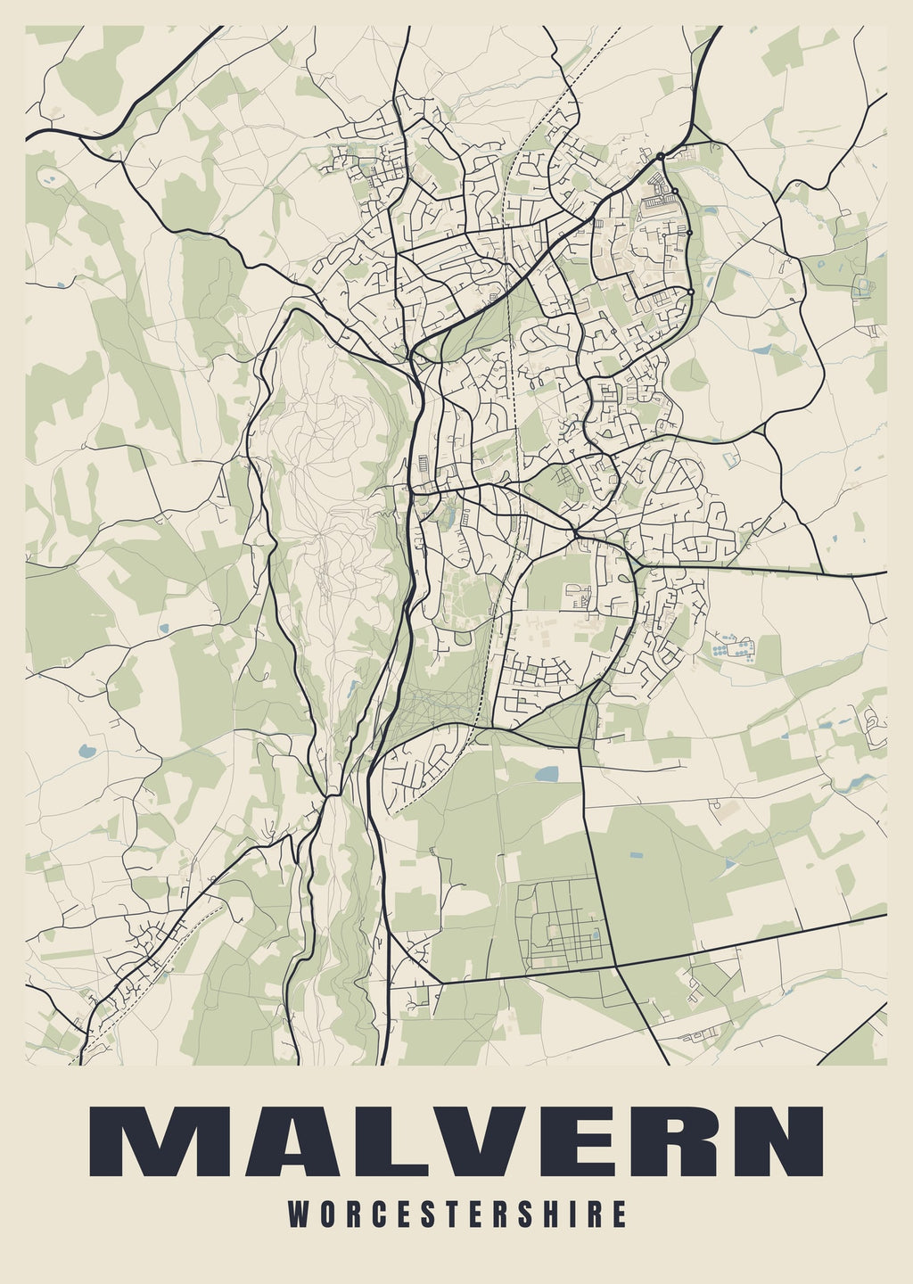 Street map poster of Malvern, Worcestershire