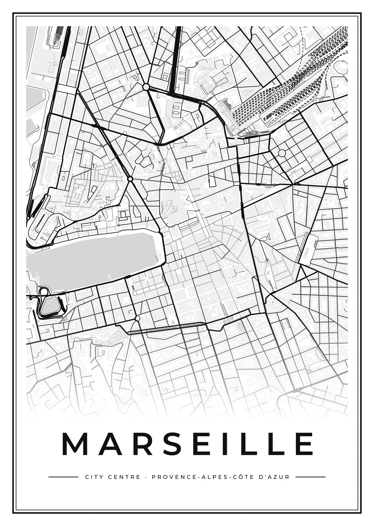 Street map poster of Marseille city centre, Provence-Alpes-Côte d'Azur
