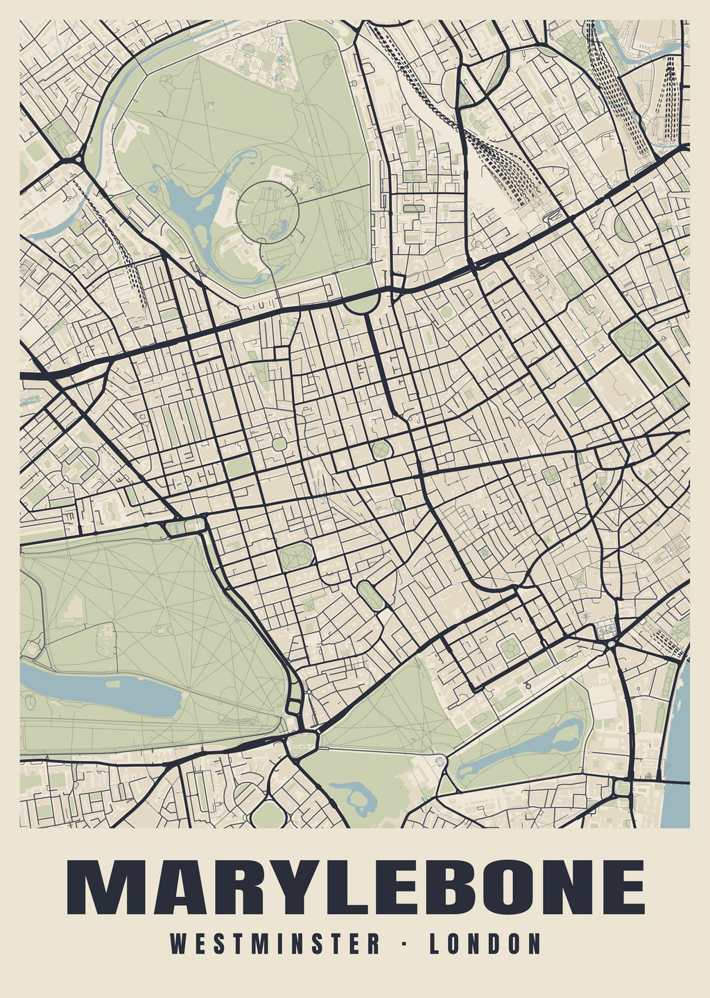 Heritage street map poster of Marylebone, Westminster, London